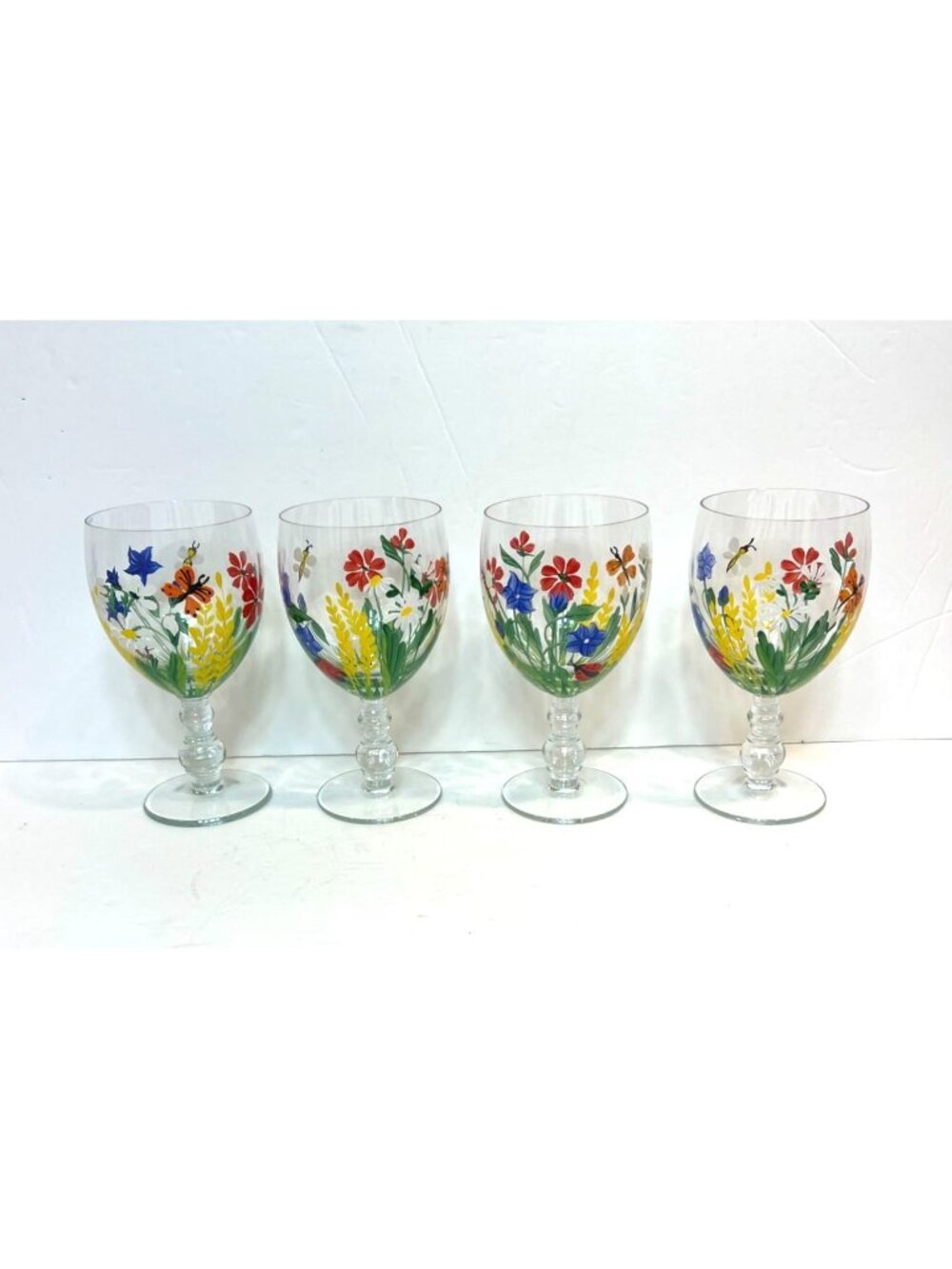 Vintage Floral Royal Danube Water Goblets Romania Set Of 4 Hand-Painted Glasses